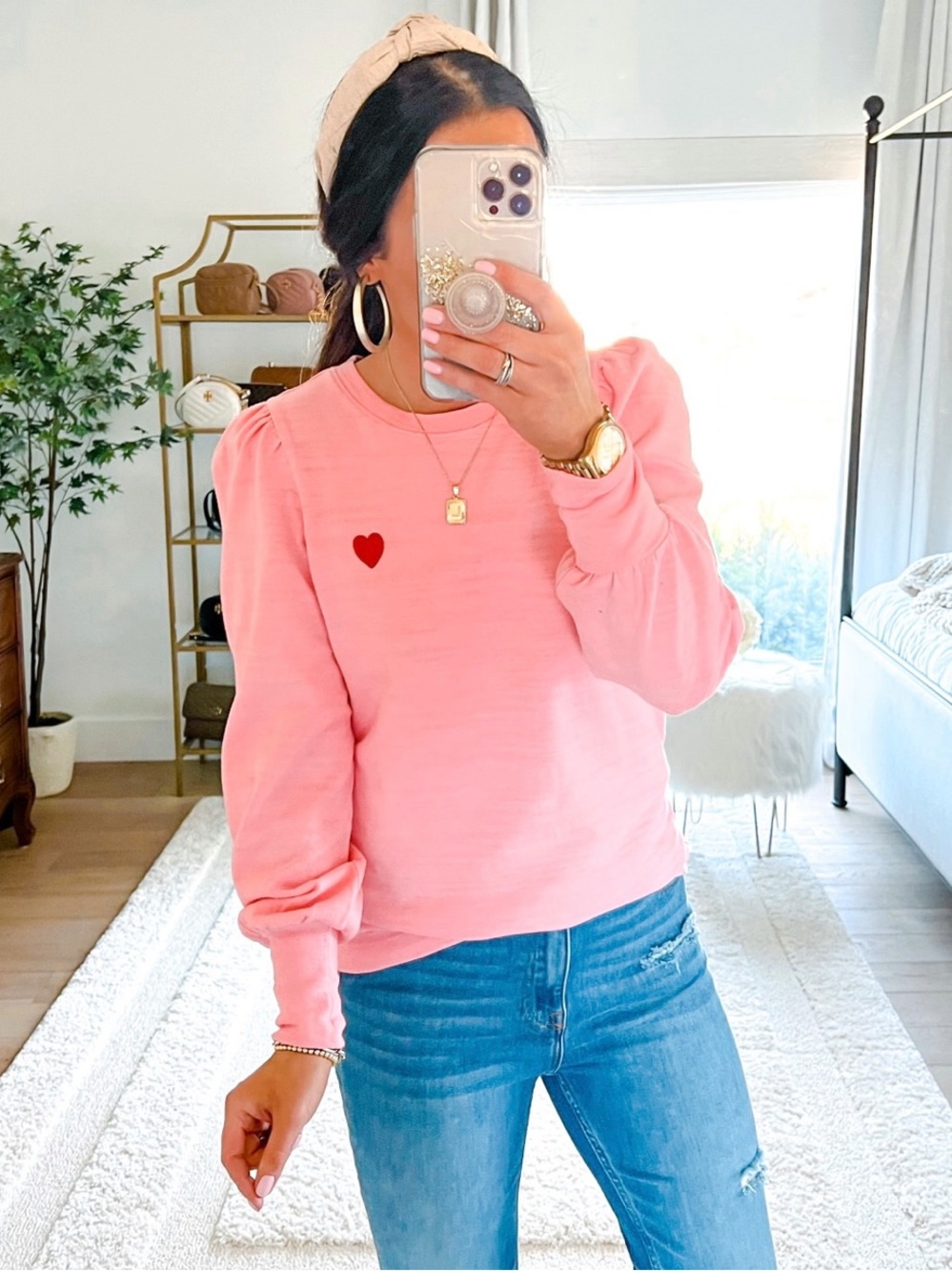 Loft Pink Heart Embroidered Cotton Sweatshirt